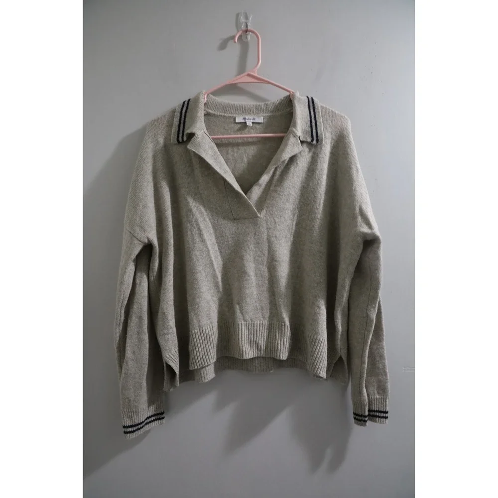 Madewell Merino Wool Blend Polo Sweater Oatmeal Heather Navy Stripe Size M
